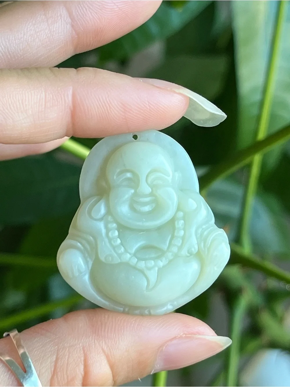 Natural Light Green Nephrite Jade Carved Laughing Buddha Pendant - NWOT